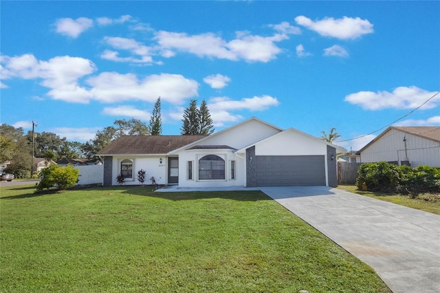 single story home with a front lawn and a garage