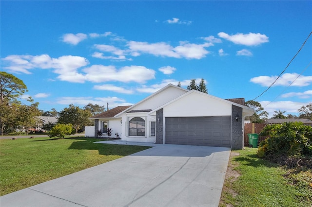 ranch-style home with a front lawn and a garage