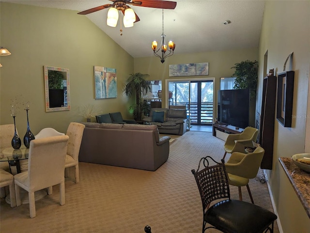 living room featuring high vaulted ceiling, light colored carpet, and ceiling fan with notable chandelier