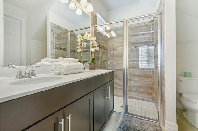 bathroom featuring a shower with shower door, vanity, and toilet