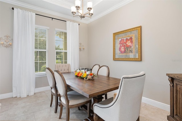 dining space featuring crown molding, a notable chandelier, and light tile patterned floors