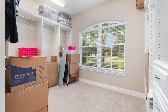 walk in closet featuring light colored carpet