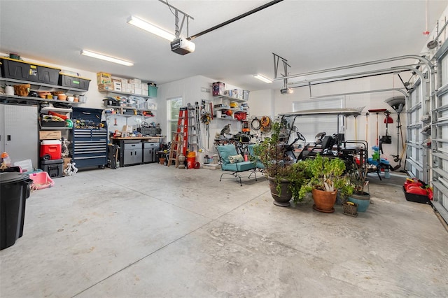 garage featuring a garage door opener and a workshop area