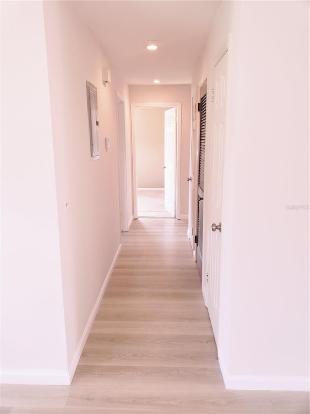 corridor featuring electric panel and light wood-type flooring