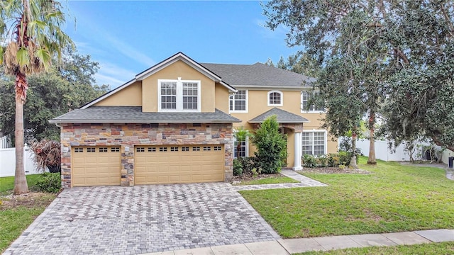 view of front of property featuring a garage and a front lawn