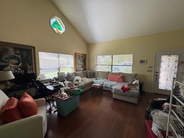 living room featuring high vaulted ceiling, dark wood-type flooring, and a wealth of natural light