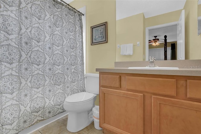 bathroom with tile patterned floors, ceiling fan, vanity, and toilet