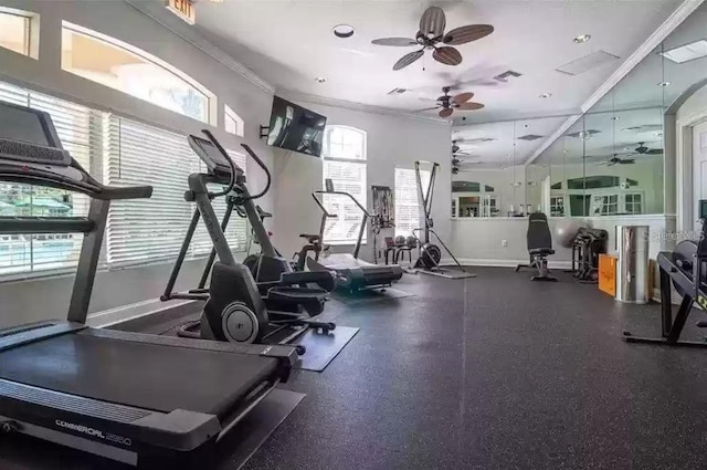 workout area featuring plenty of natural light, ceiling fan, and ornamental molding