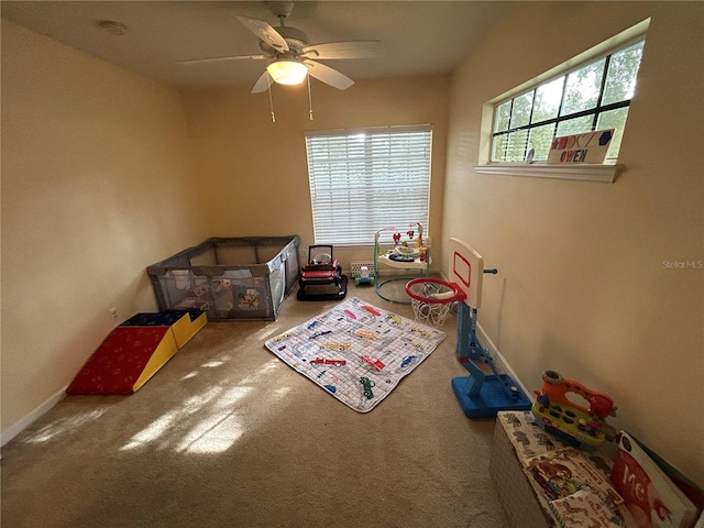 game room featuring ceiling fan and carpet flooring