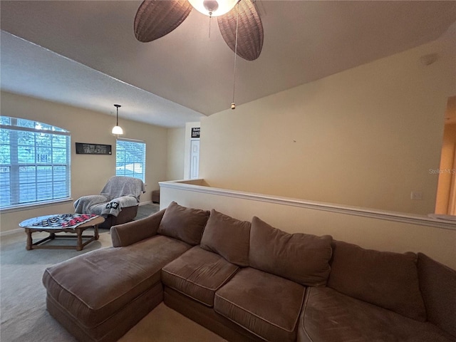 living room featuring ceiling fan and carpet flooring