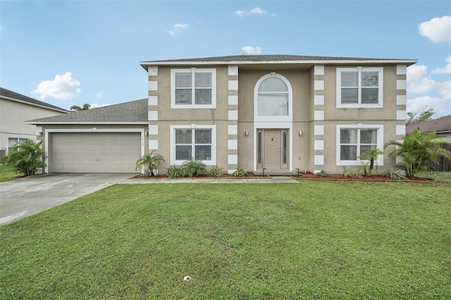 view of front of house with a garage and a front lawn