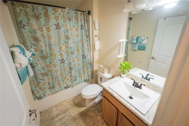 full bathroom featuring vanity, shower / bath combination with curtain, and toilet