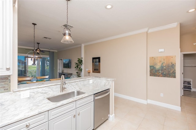 kitchen with dishwasher, a sink, white cabinets, and crown molding