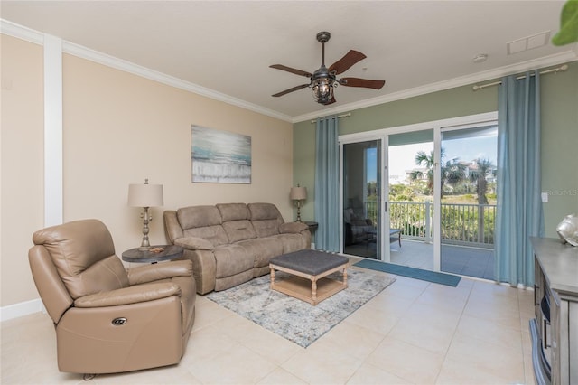 living room featuring visible vents, crown molding, baseboards, and ceiling fan