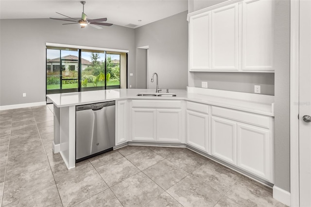 3951 Carrick Bend Dr, Kissimmee, FL 34746 - kitchen featuring stainless steel dishwasher, a sink, light countertops, a peninsula, and a ceiling fan