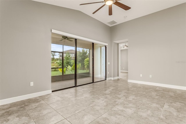3951 Carrick Bend Dr, Kissimmee, FL 34746 - spare room featuring a ceiling fan, visible vents, lofted ceiling, and baseboards