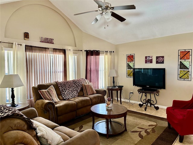 living room featuring lofted ceiling and ceiling fan