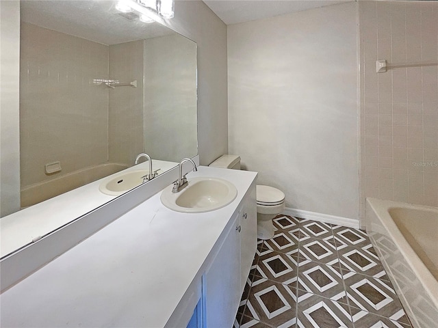 full bathroom with tiled shower / bath combo, vanity, toilet, and tile patterned floors