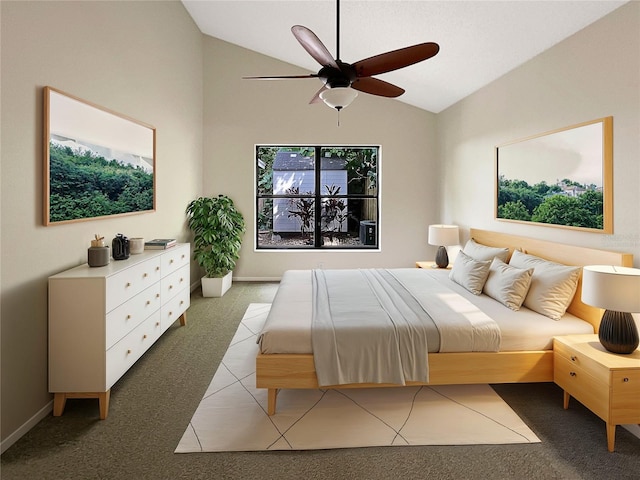 bedroom with vaulted ceiling, ceiling fan, and light colored carpet