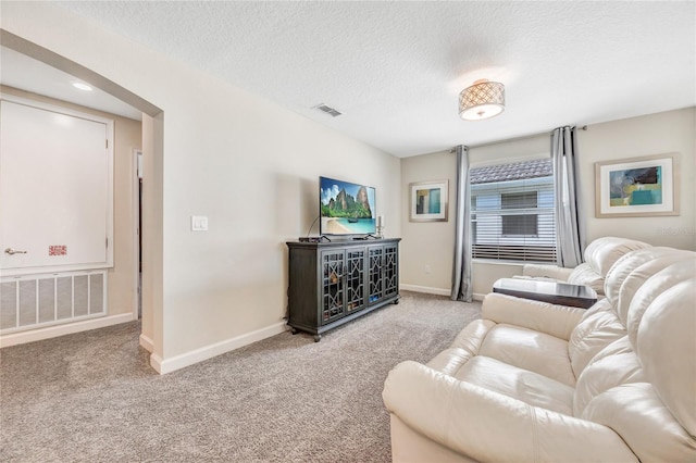 living room featuring light carpet and a textured ceiling