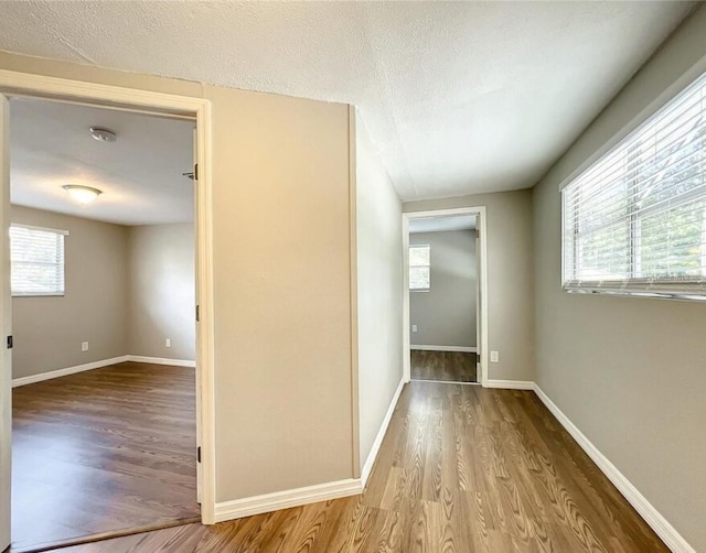 corridor with a textured ceiling, wood-type flooring, and plenty of natural light