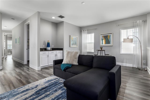 living room with plenty of natural light and dark hardwood / wood-style flooring