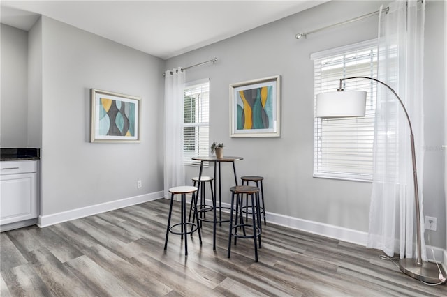 dining space with wood-type flooring