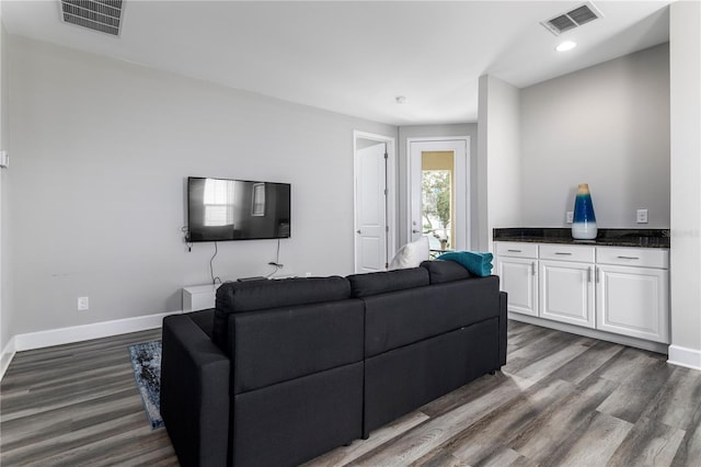 1407 Fairview Cir, Reunion, FL 34747 - living room featuring visible vents, dark wood-style flooring, and baseboards