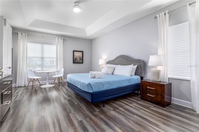 bedroom with a tray ceiling and dark hardwood / wood-style flooring