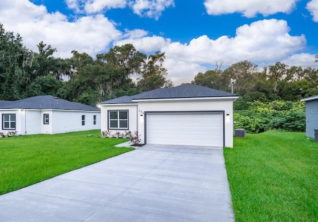 ranch-style house with cooling unit, a garage, and a front lawn