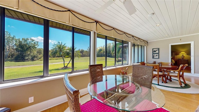 sunroom featuring wood ceiling and ceiling fan