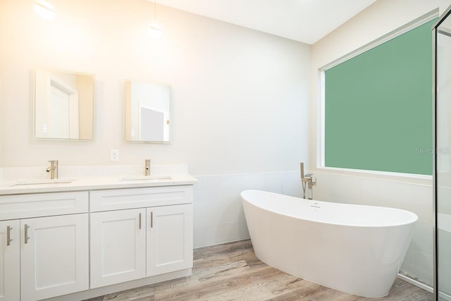 bathroom with vanity, hardwood / wood-style flooring, and a bathing tub