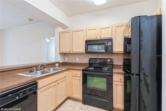 kitchen with black appliances, sink, light tile patterned flooring, backsplash, and crown molding