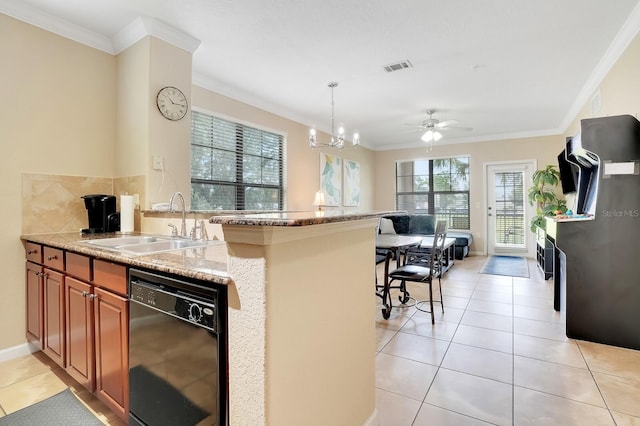 kitchen with ornamental molding, black dishwasher, ceiling fan with notable chandelier, and sink