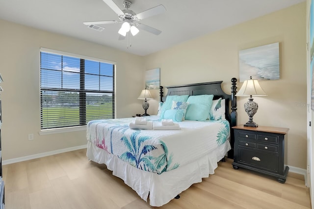 bedroom featuring ceiling fan and light wood-type flooring