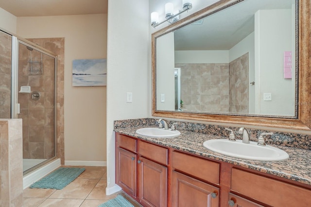 bathroom with tile patterned flooring, vanity, and an enclosed shower