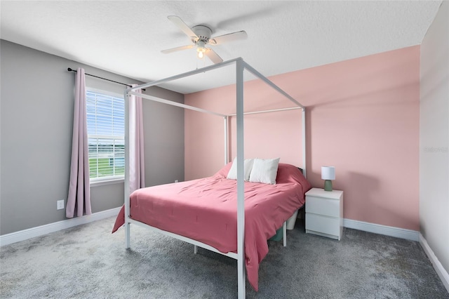 bedroom with dark carpet, ceiling fan, and a textured ceiling