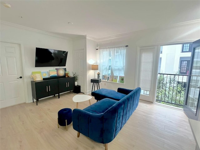 living room with crown molding and hardwood / wood-style flooring