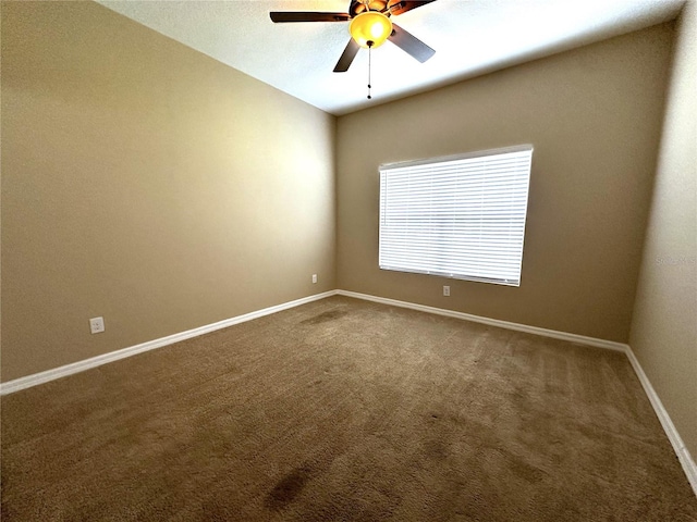 unfurnished room featuring ceiling fan and carpet