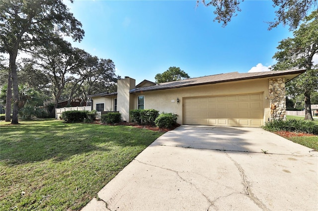 ranch-style house with a front yard and a garage