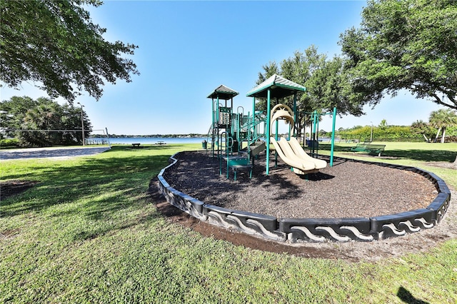 view of jungle gym featuring a yard