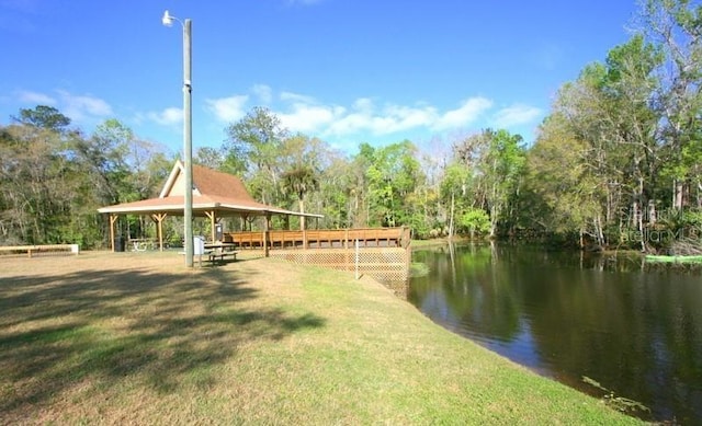 view of home's community featuring a water view and a lawn