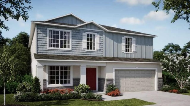 2949 Sunset Dr, New Smyrna Beach, FL 32168 - traditional-style home featuring concrete driveway, board and batten siding, stone siding, and an attached garage