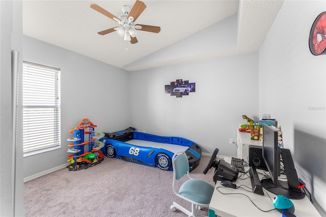 carpeted bedroom featuring ceiling fan, a textured ceiling, and lofted ceiling