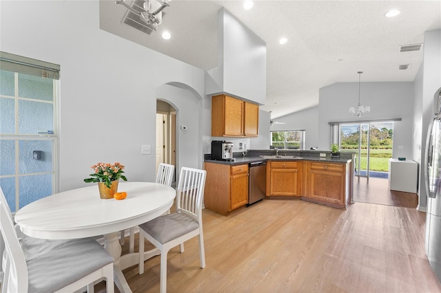 kitchen with dishwasher, kitchen peninsula, pendant lighting, and light hardwood / wood-style floors