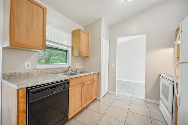 kitchen with white appliances, vaulted ceiling, sink, and light brown cabinetry