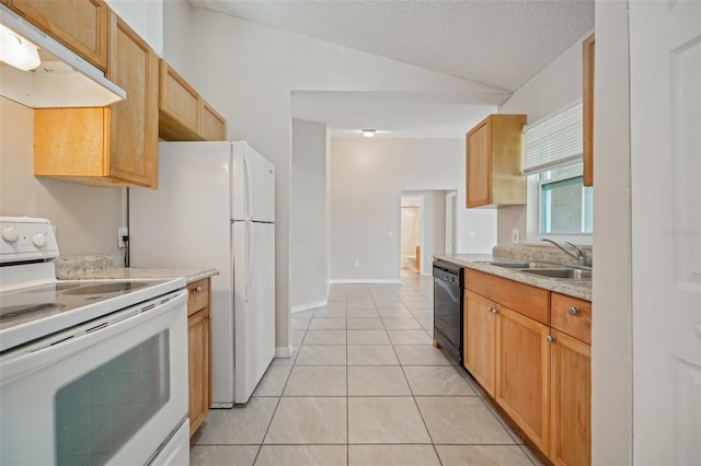 kitchen featuring light tile patterned flooring, white appliances, sink, lofted ceiling, and a textured ceiling