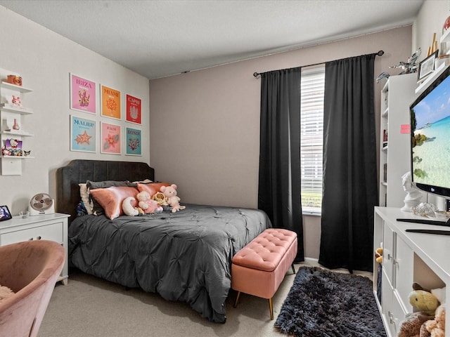 bedroom with light colored carpet