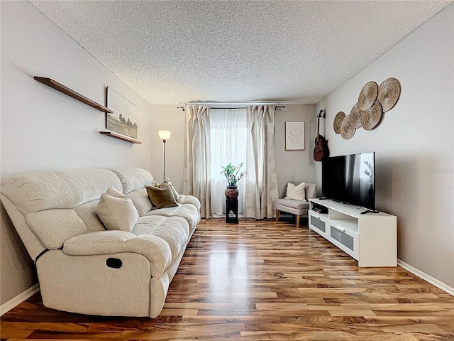 living room with a textured ceiling and wood-type flooring