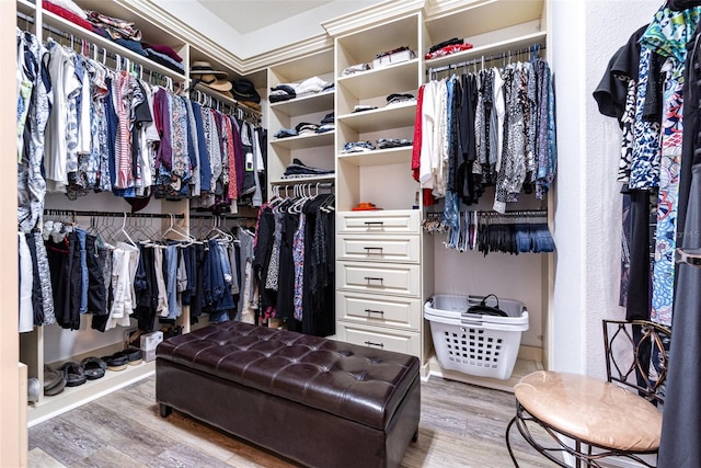 walk in closet with light hardwood / wood-style floors